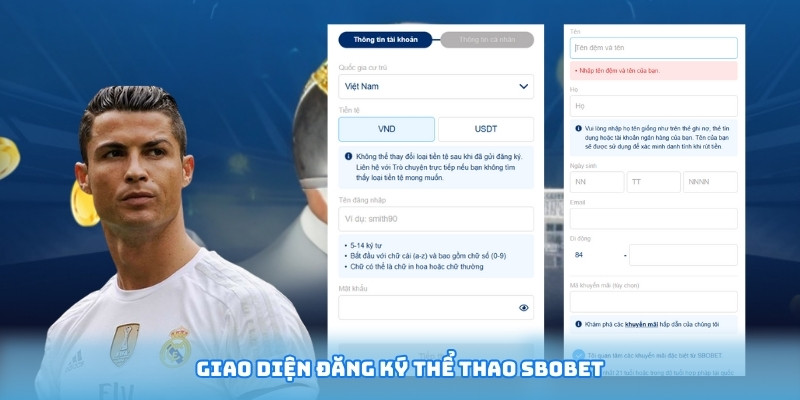 Giao diện đăng ký thể thao SBOBET